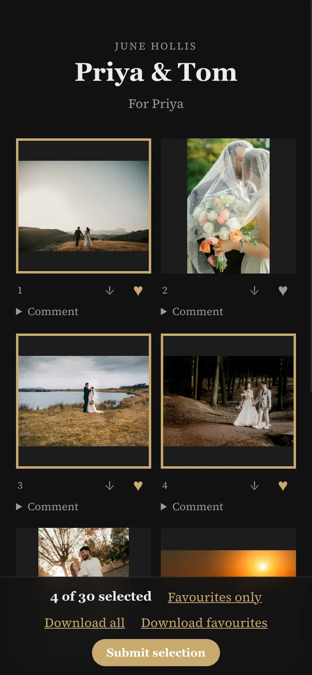 A client gallery on a phone: four photos marked as favourites, and '4 of 30 selected'