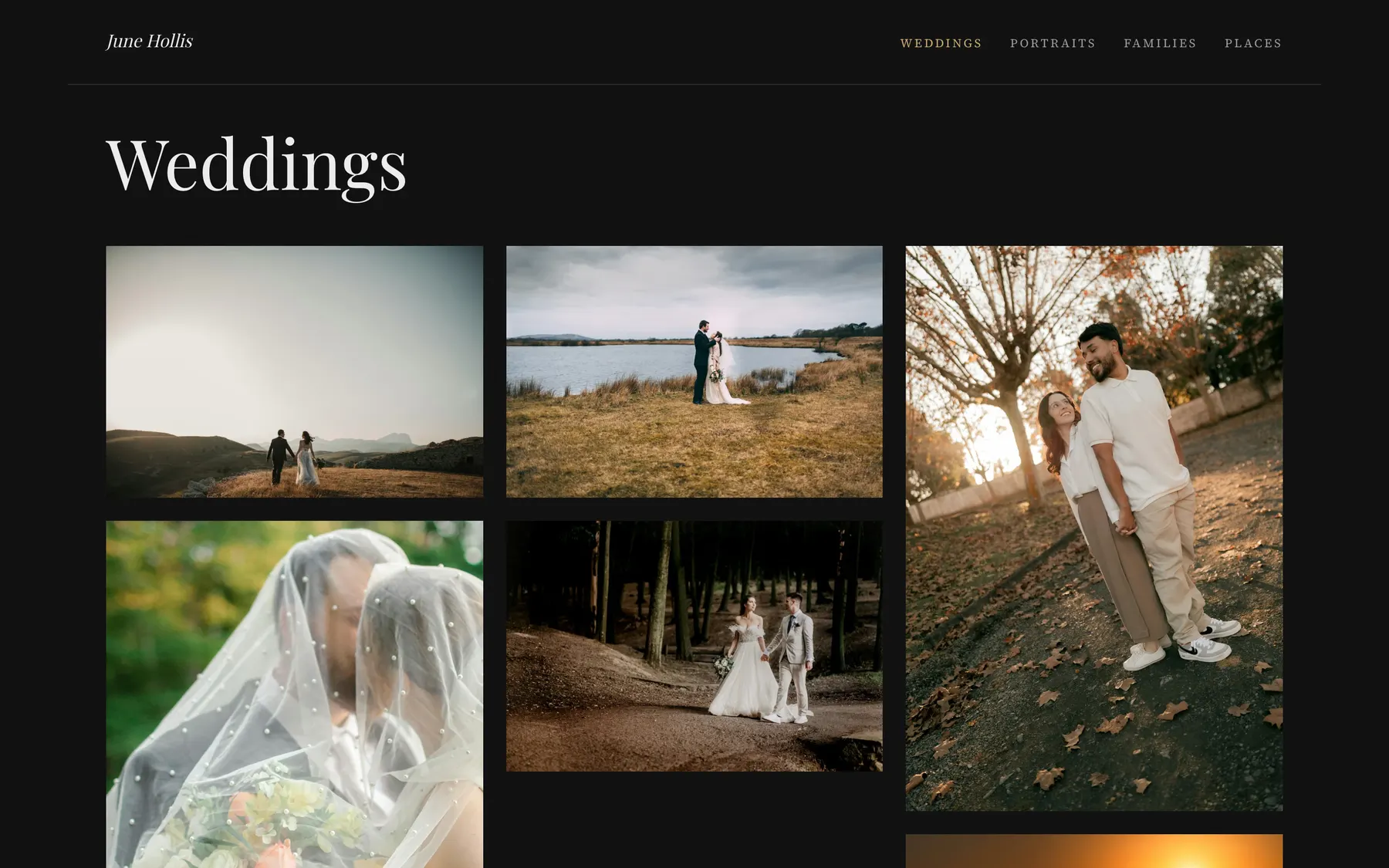 A photographer's site made with Fotessa: a page of wedding photographs in the Editorial theme